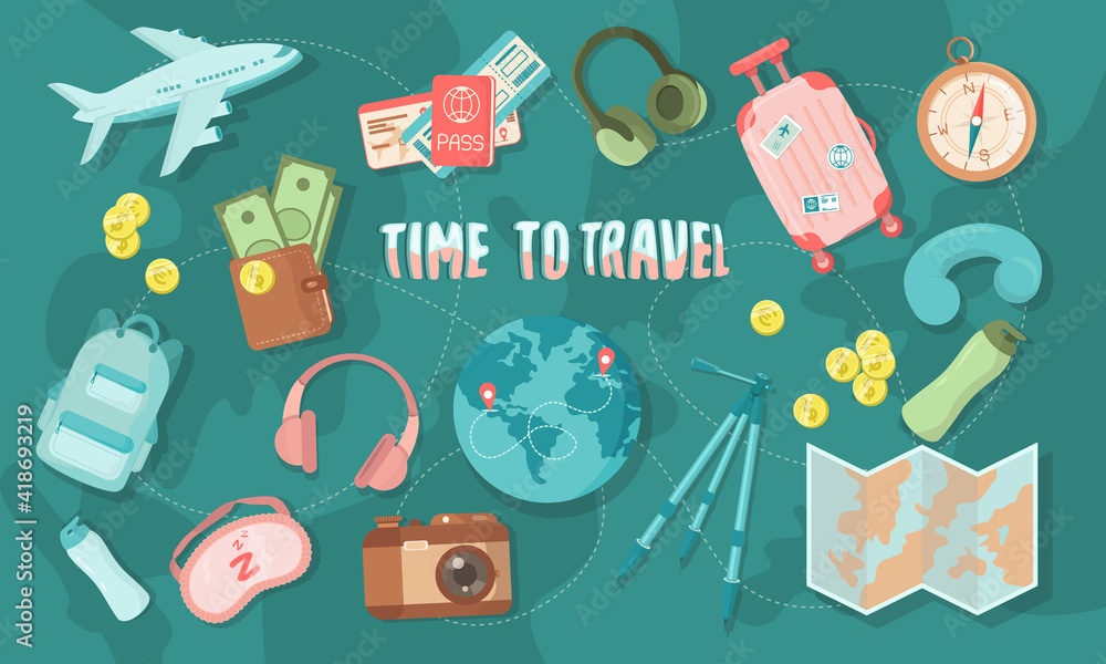 Big Set of travel items – passport, tickets, airplane, map, globe etc. Trendy vector illustration, for web and print