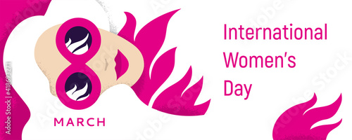 Womens day (IWD) - International  women's rights Day and femininity day. 8 March. Woman in sunglasses. Hair and pink abstract flowers. Vector illustration for greeting card, banner. Minimal design.