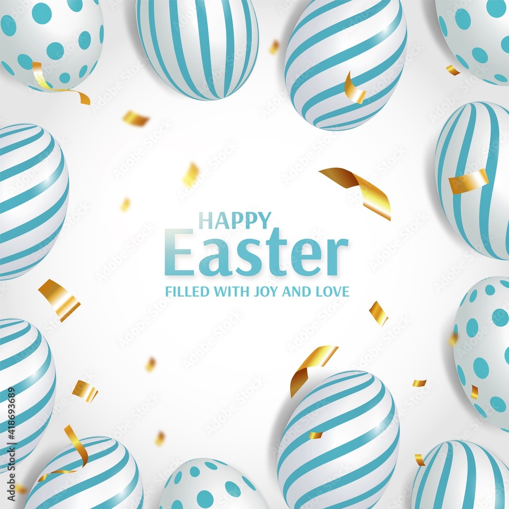 Easter poster and card template with realistic eggs and realistic golden confetti on a white background. Vector illustration of happy Easter holiday. Promotion and shopping template for Easter Day. Easter poster and card template with realistic eggs and realistic golden confetti on a white background. Vector illustration of happy Easter holiday. Promotion and shopping template for Easter Day.