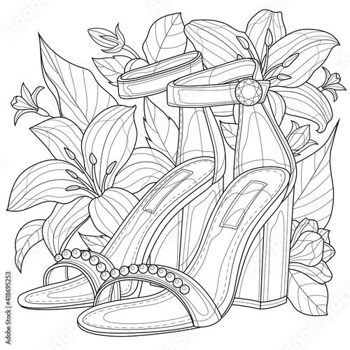 Shoes with flowers.Coloring book antistress for children and adults. Illustration isolated on white background.Zen-tangle style. Hand draw