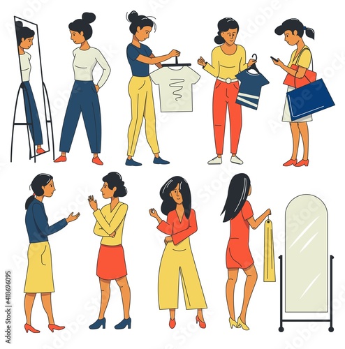 Girls and young women buying and trying on clothes. A set of shopping people. Shoppers in a clothing store.