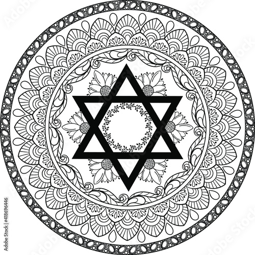 Beautiful Judaica mandala. Black on transparent star of david decorated by floral and oriental motifs. surrounded by gems framing.