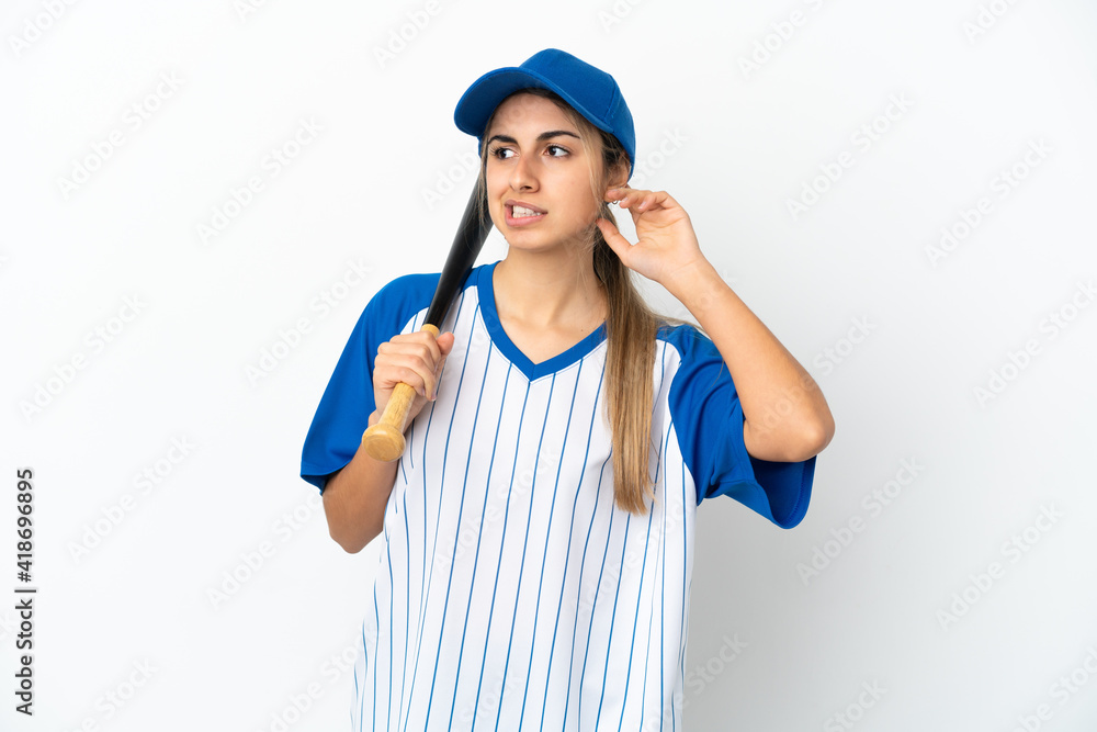 Young caucasian woman playing baseball isolated on white background having doubts Young caucasian woman playing baseball isolated on white background having doubts