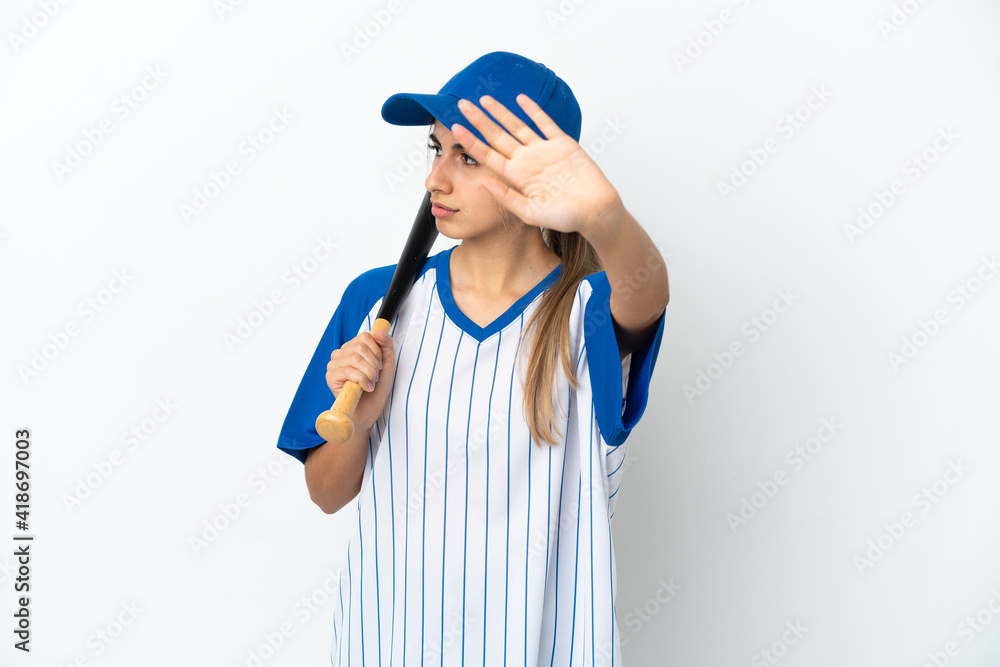 Young caucasian woman playing baseball isolated on white background making stop gesture and disappointed Young caucasian woman playing baseball isolated on white background making stop gesture and disappointed