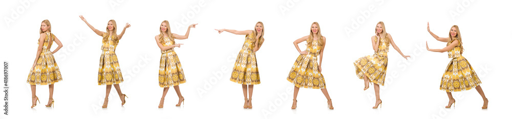 Young woman wearing long summer dress isolated on white