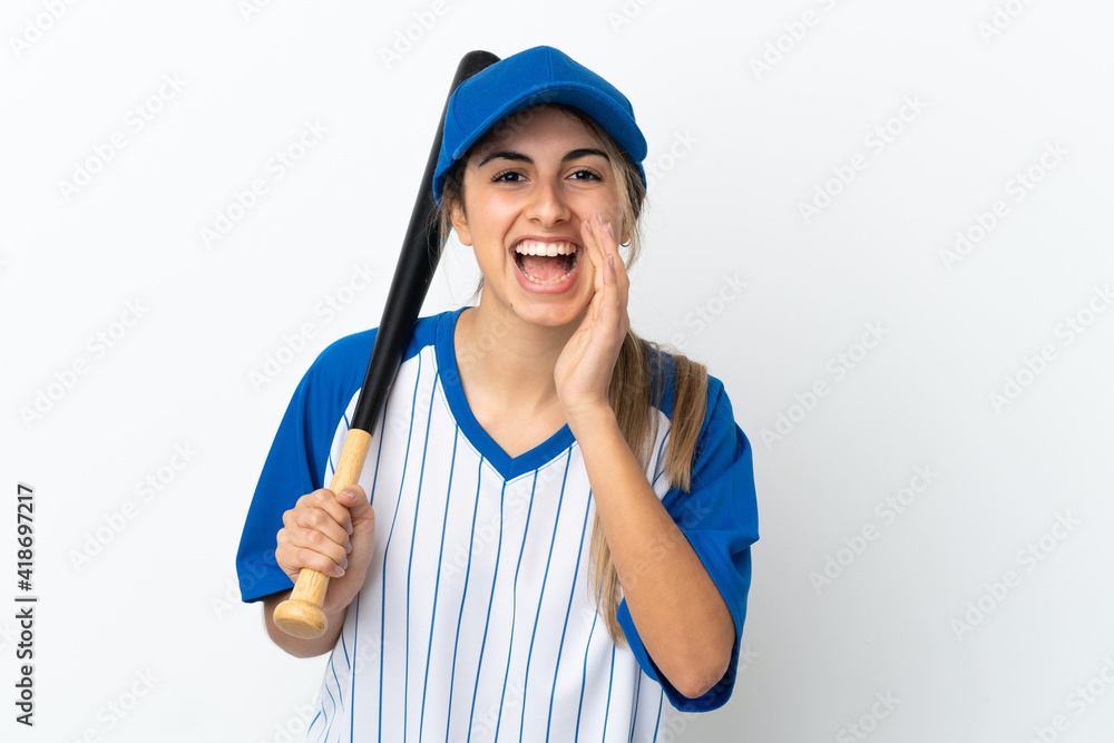 Young caucasian woman isolated on white background playing baseball and shouting with mouth wide open Young caucasian woman isolated on white background playing baseball and shouting with mouth wide open