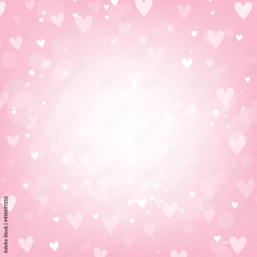 Pink Valentines Day background with hearts and bokeh lights