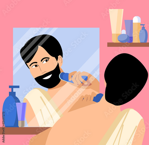asian man shaves with an electric razor in front of the bathroom mirror. Men's Morning.  Guy shaving his face. Vector illustration of a man shaving in front of the toilet mirror. Cartoon style.