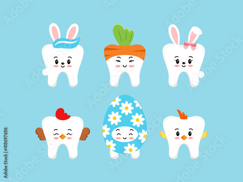 Easter cute teeth dental icon set isolated. Dentist white tooth mascot character with bunny ears, in egg, carrot, hen, chicken costume. Flat cartoon vector easter kids dentistry clip art illustration.