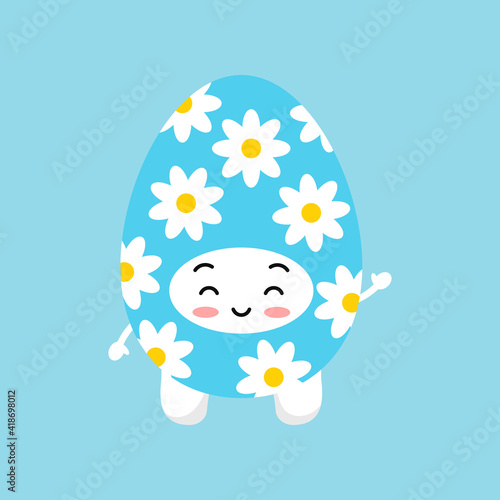 Easter cute tooth in egg costume dental icon isolated on background. Dentist white teeth hunt easter character in blue egg with flower. Flat cartoon vector kids dentistry clip art illustration.
