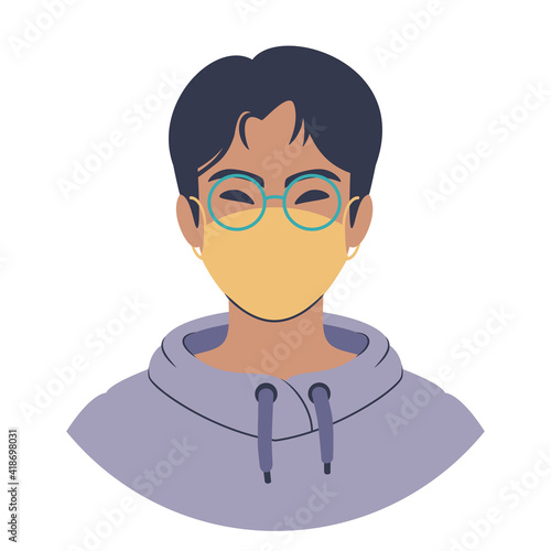 Portrait of a young man in a colourful hoodie. Cartoon teenager avatar. Flat style illustration.  photo