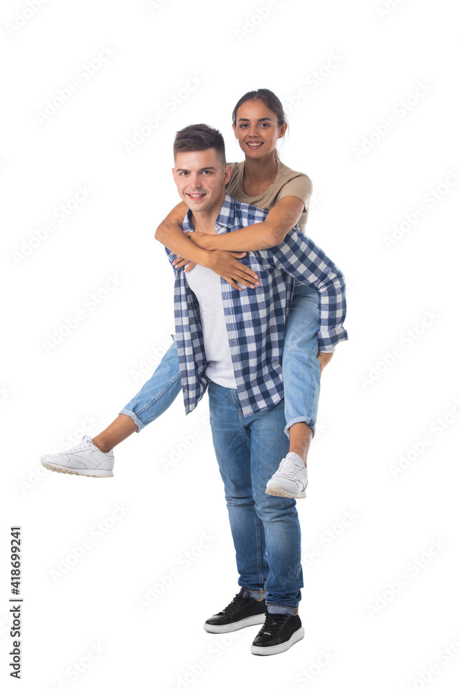 Happy couple with her at piggyback Happy couple with her at piggyback