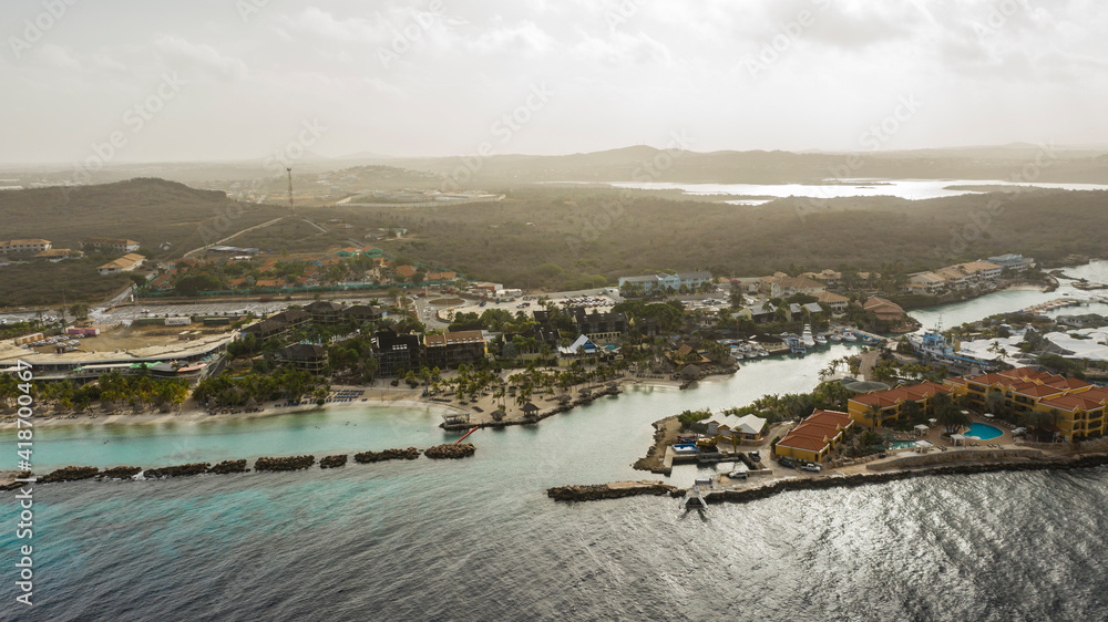 Aerial view above scenery of Curacao, Caribbean with ocean and coast near Willemstad