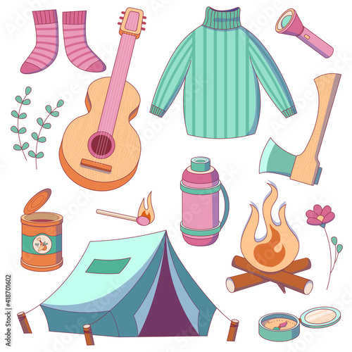 Tourist items for hiking. Vector icons collection