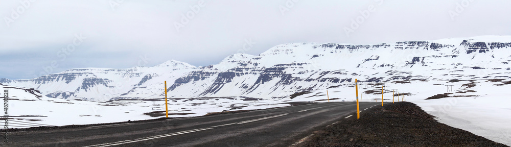 Panoramic view of road to Seydisfjordur