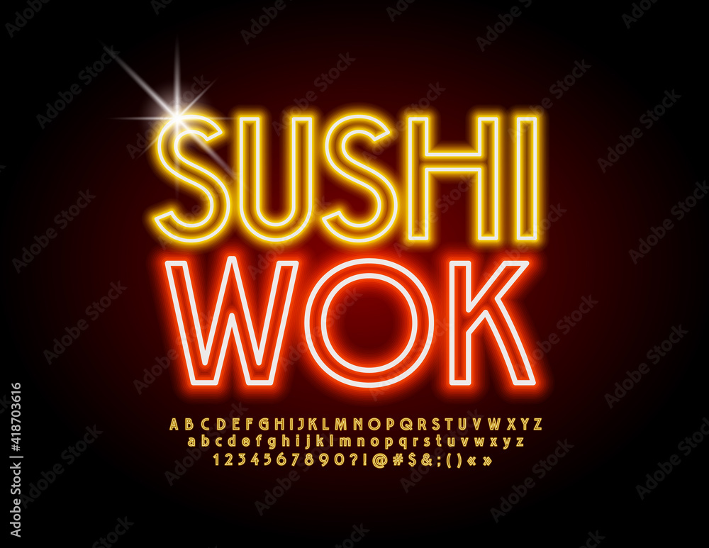 Vector neon banner Sushi Wok. Electric light Font. Illuminated Led Alphabet Letters and Numbers set