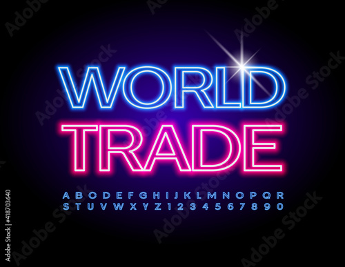 Vector electric sign World Trade. Bright Illuminated Font. Neon Blue Alphabet Letters and Numbers set