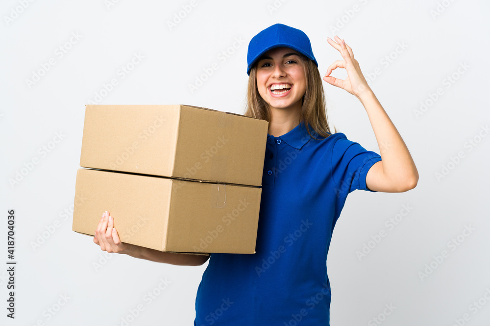 Young delivery woman over isolated white background showing ok sign with fingers Young delivery woman over isolated white background showing ok sign with fingers