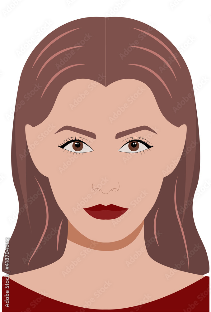 Portrait of a girl with brown eyes and dark red lips. Image of a photo for documents. Vector illustration isolated on white background.