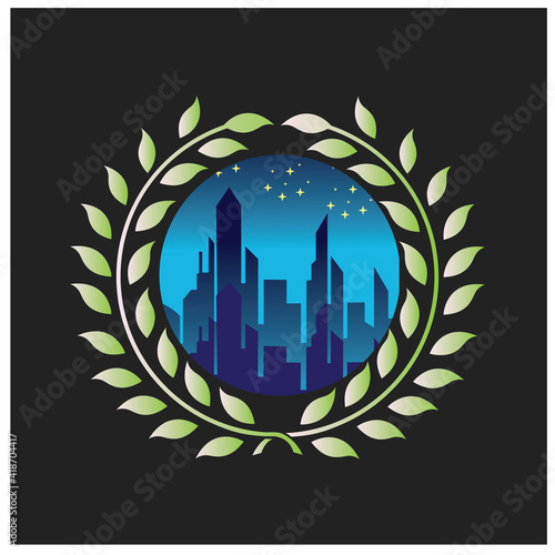 building and landscape logo colorful circle vector illustration decoration night
