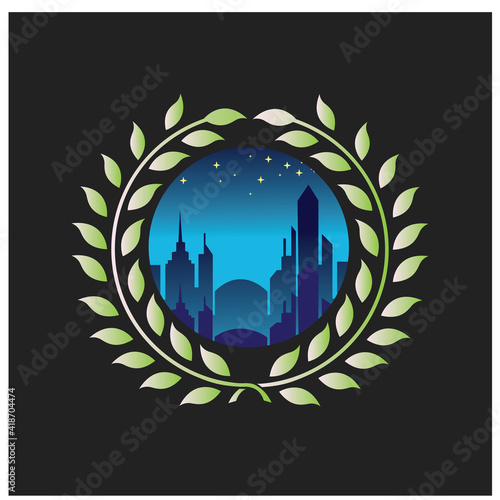 building and landscape logo colorful circle vector illustration decoration night