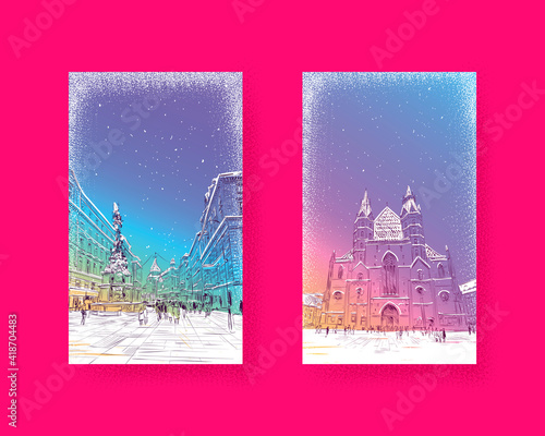 Trendy cover template. Winter city. Merry Christmas and New Year card design. St. Stephen's Cathedral.  Graben street. Plague column. Vienna, Austria.  Hand drawn landmark