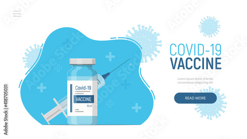 Landing page template covid-19 vaccine. Modern concept for web design with syringe, bottle vaccine vial and virus on background. Pandemic covid-19. Global vaccination. Flat vector illustration.