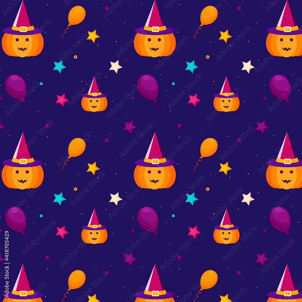 Halloween pattern with stars, balloons, pumpkin, witch hat