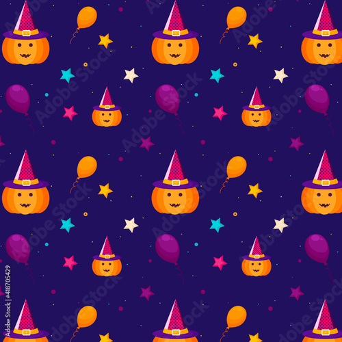 Halloween pattern with stars  balloons  pumpkin  witch hat