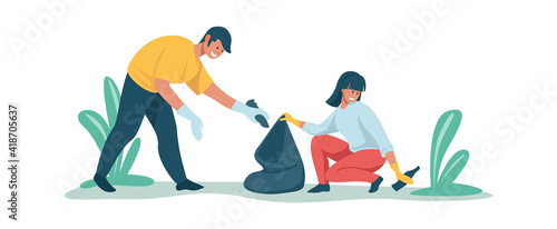People collecting rubbish. Cleaning garbage concept. Cartoon man and woman work together to clear area of debris. Young volunteers put collected refuse in bag. Vector environmental charity event