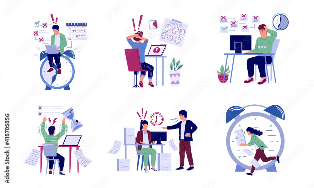 Deadline. Ineffective workflow concept. Cartoon busy men and women can't finish tasks by time. Stressed employees hard working overtime. Angry manager screaming at workers. Vector office scenes set