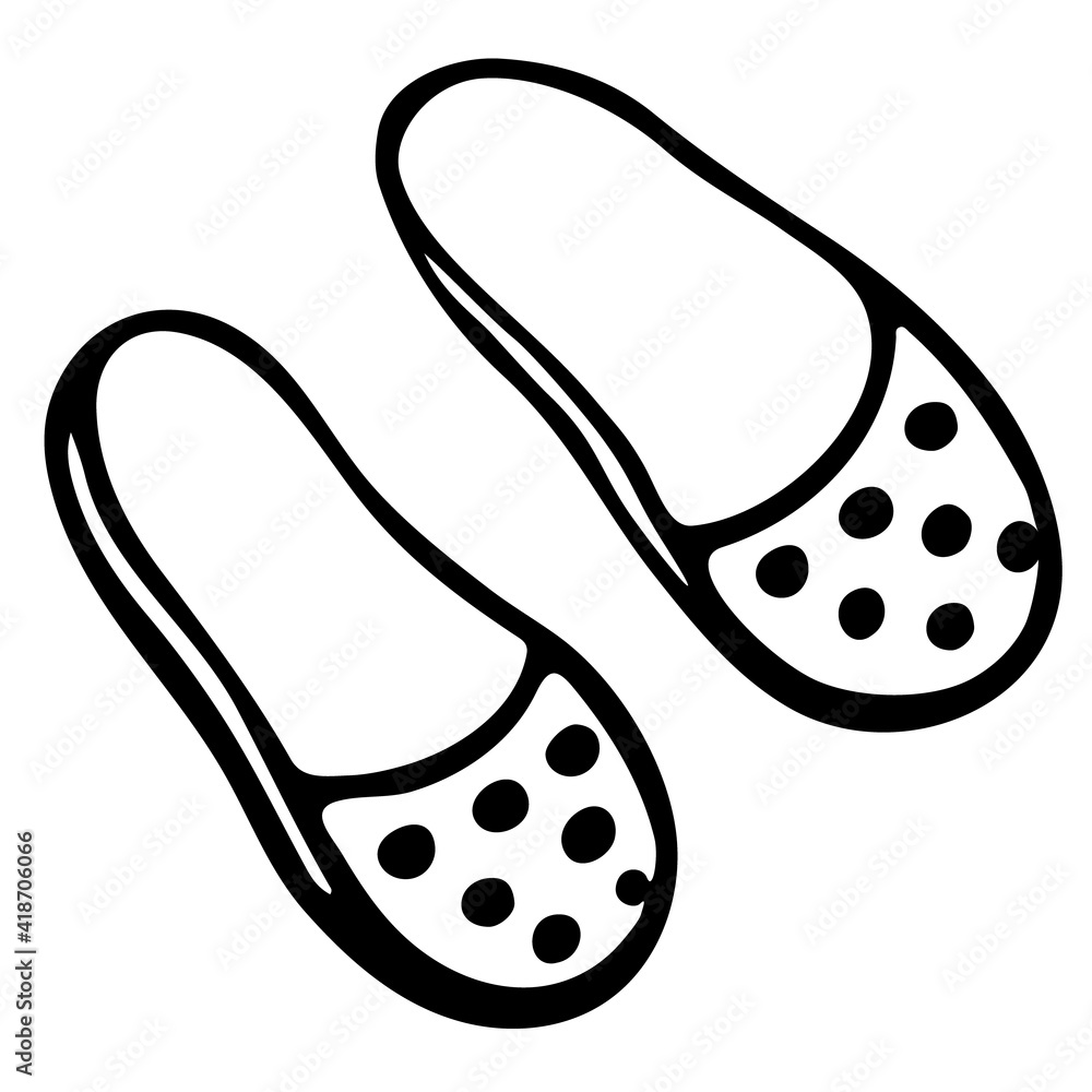 Cozy polka dot home slippers. Hand-drawn stylized illustration in doodle style. Black outlines isolated on a white background. Vector stock illustration.