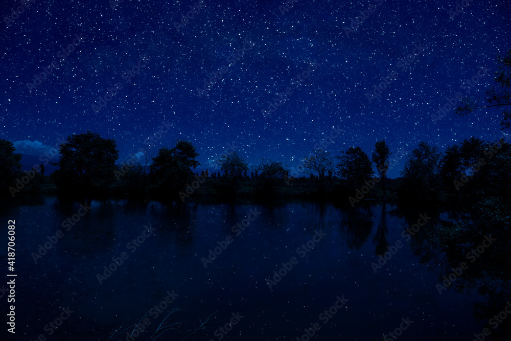 Fototapeta premium milky way over a lake at summer night with clear skies under moonlight.