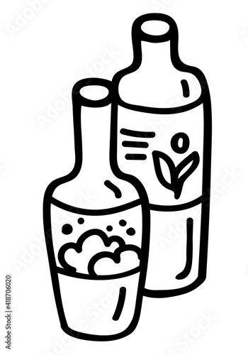 Shampoo and bubble bath. Bottles with cosmetics for the bathroom. Hand-drawn stylized illustration in doodle style. Black contours isolated on a white background. Vector stock illustration.
