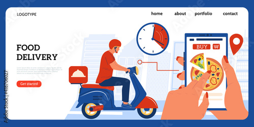 Food delivery landing page. People order food using mobile application. Courier drives scooter and takes purchases to customers. Vector website interface design template for grocery shop or restaurant