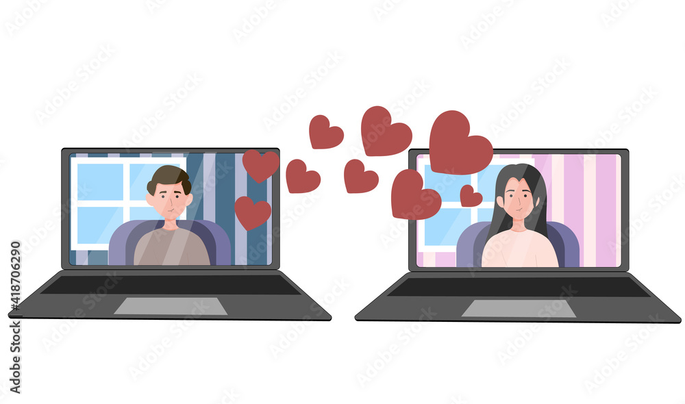 Valentine s Day. Lovers celebrating online. Video call from laptop. Self-isolation holiday. illustration isolated on white background. Valentine s Day. Lovers celebrating online. Video call from laptop. Self-isolation holiday. illustration isolated on white background.