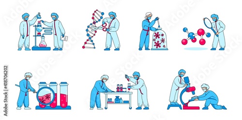 Scientist research. Medical cartoon characters doing laboratory tests and experiments. Scientific workers study pathogens and DNA. Vector people in protective suits work with microscope or lab tubes