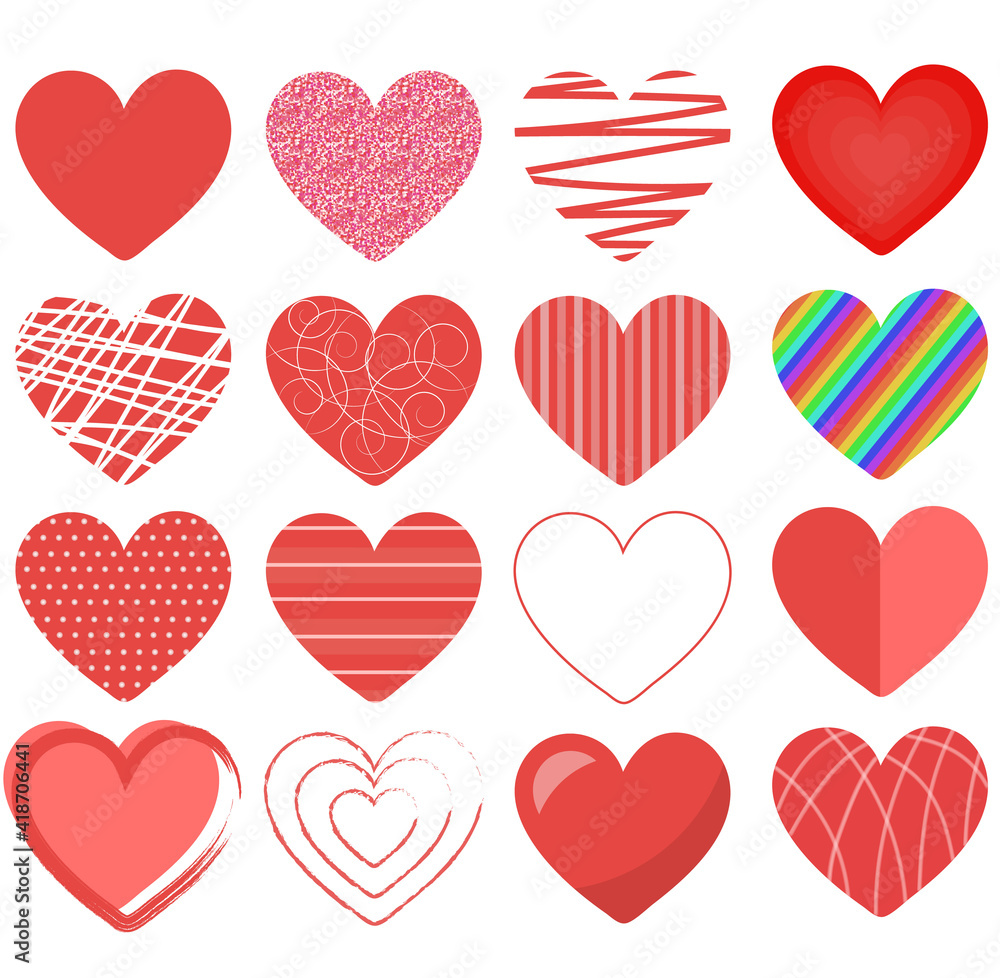 Set of different hearts for Valentine's Day. Stickers, hearts isolated on white background. illustration