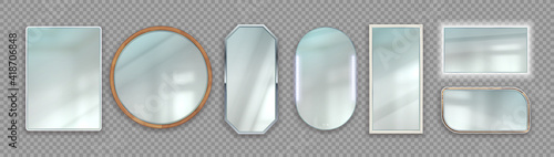 Realistic mirrors. Round and square reflective glass surface with wooden and metallic frames. 3D isolated backlighted frameworks on transparent background. Vector interior furniture design template