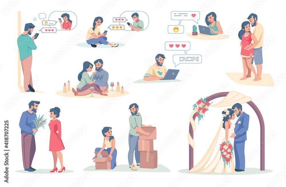 Online dating app. Cartoon boy and girl using smartphone application for acquaintance. Couple chatting and having romantic meeting. Characters giving flowers and getting married, vector scenes set