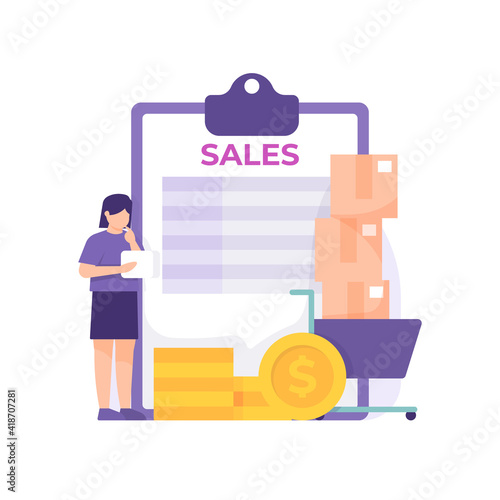 a concept of a sales manager, supervisor and marketing team leader. illustration of a woman reading and analyzing sales results. flat style. business vector design