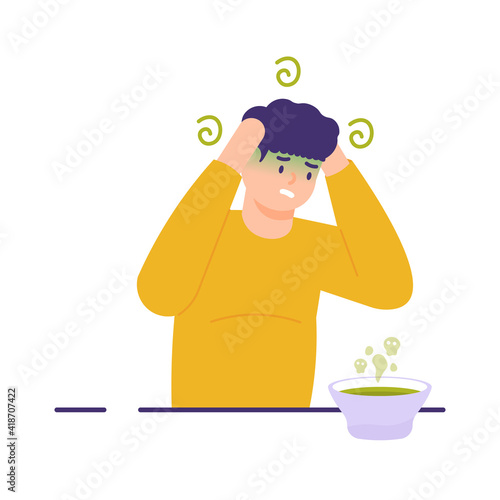 a man held his head because he felt dizzy and nauseous as a result of drinking the soup that had expired. illustration of a person with food poisoning. flat style. vector design elements