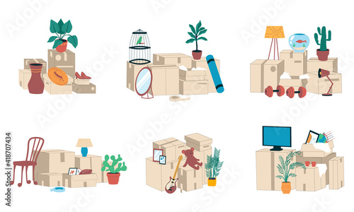 Moving boxes. Cartoon stacks and piles of square cardboard parcels and packed stuff for relocating to new apartment. Shipping service or cargo transportation. Family removal. Vector packaging set