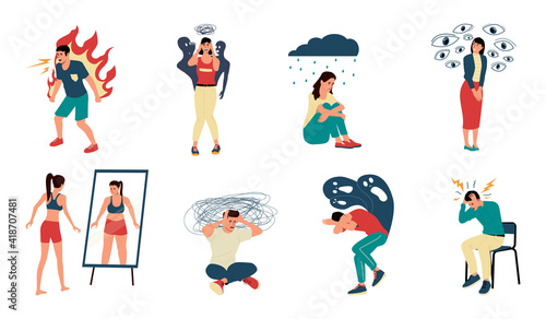 Mental disorder. Psychological illness and medical problem. Stressed upset men or women feel anxious. Isolated character thinking about suicide. Vector people with fears, panic attacks and traumas set