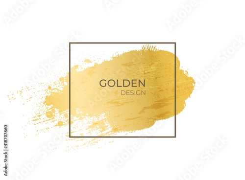 Golden frame. Realistic gold grunge texture in geometric shape. Contour square form on yellow metallic background. Isolated paint smear, decorative template with copy space. Vector blank framework