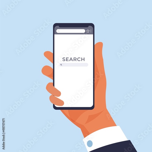 Hand holding phone. Mobile web page for online searching. Cartoon man with smartphone. Finding information in Internet by keywords. Blank browser interface. Vector electronic device screen template