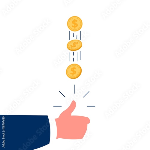 Hand tossing golden coin. Fortune concept. Cartoon human arm throwing piece of money for luck. Flying spinning gold chip. Random selection process. Man making arbitrary choice, vector illustration