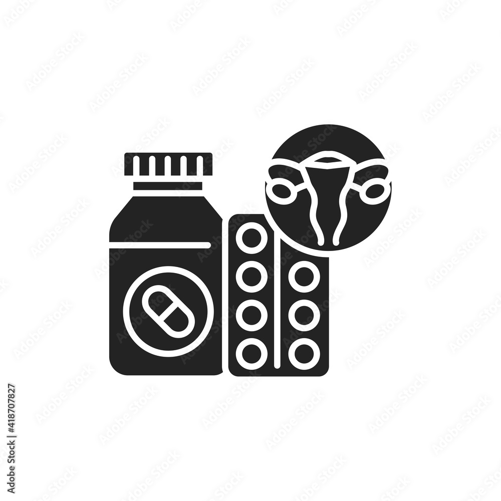Tablets for treatment of gynecological diseases black glyph icon. Pill bottle and blister. Pictogram for web page, mobile app. Tablets for treatment of gynecological diseases black glyph icon. Pill bottle and blister. Pictogram for web page, mobile app.