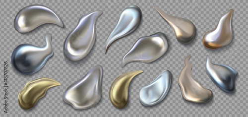 Liquid metal. Realistic 3D chrome smear. Silver or golden melted texture. Isolated mercury drops on transparent background. Fluid pearl droplets set, metallic paint templates. Vector glossy grey blob