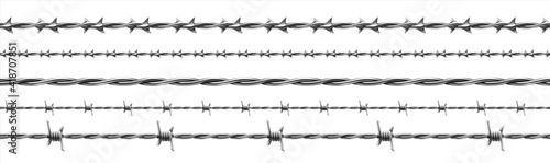 Barbed wire. Barbwire fence elements. Realistic seamless texture of iron prickly enclosure. Types set of metallic spiny cables. Protective steel barrier for prison fencing. Vector metal spiked lines